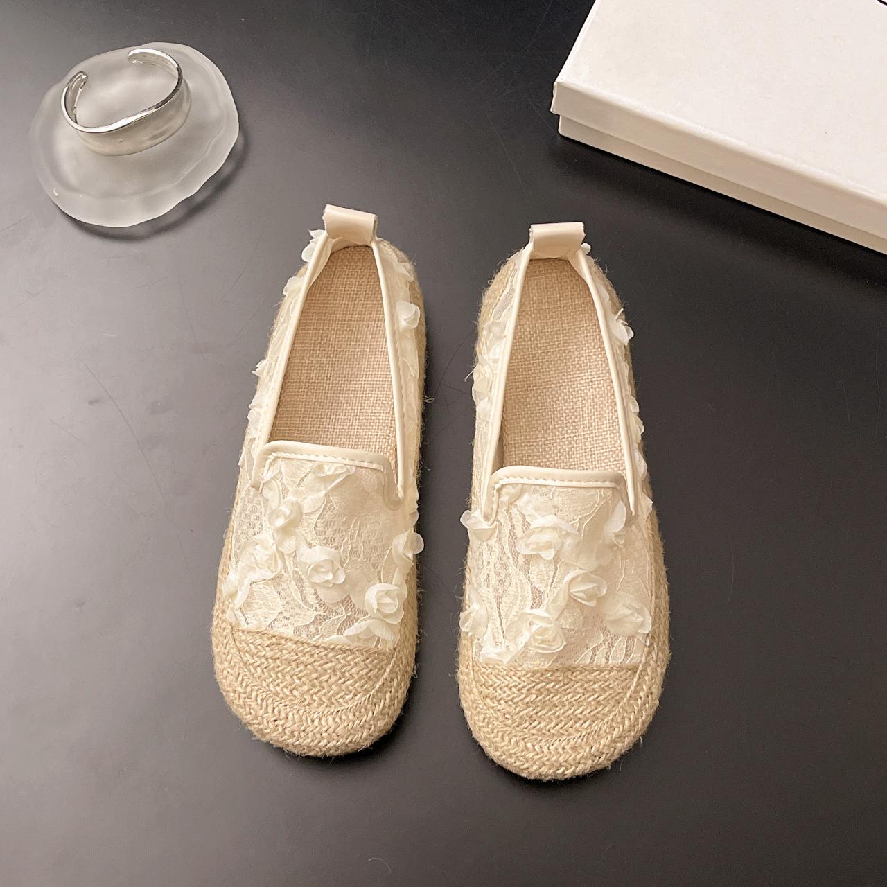 

Fashion 2025 Spring New Breathable Lace Linen Woven Bohemian Fisherman Loafers for Women Flat Soled Anti Slip Fashionable Outdoor Shoes 40