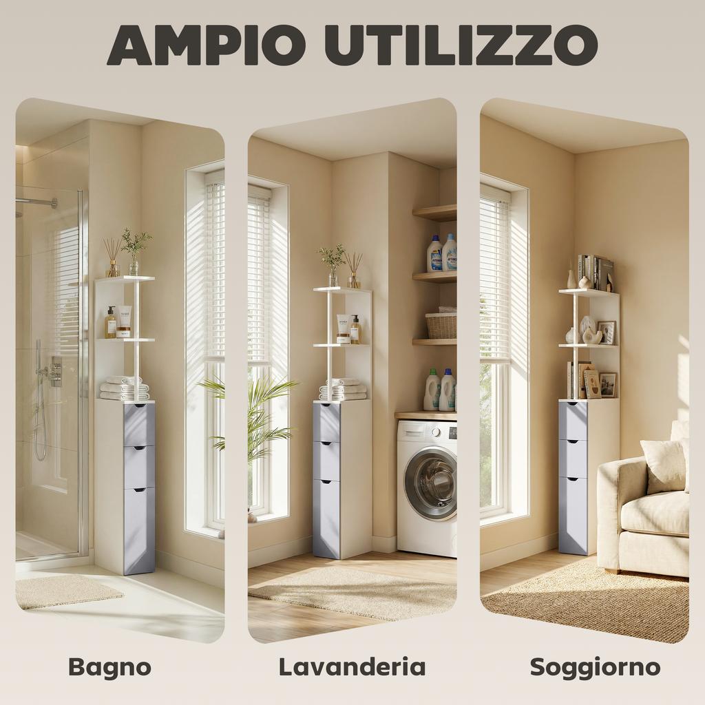 Colonna per Bagno, Mobile da Bagno in Legno Salvaspazio, Mobile con Armadietto, Mensole e Cassetti, 15x33x136,8 cm, Grigio Chiaro