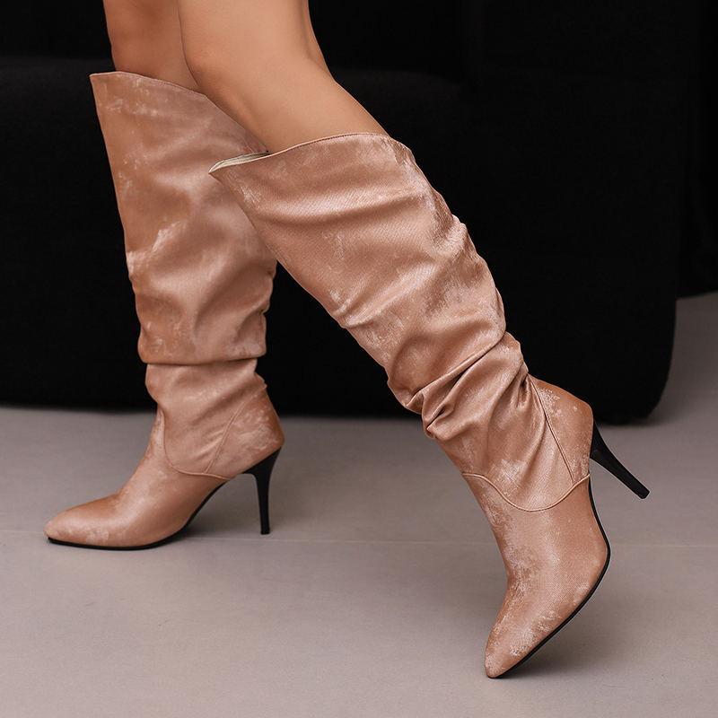 Women's High-heeled Boots, Autumn and Winter New European and American Style Solid Color Pointed Toe Thin Heel Oversized Casual Boots