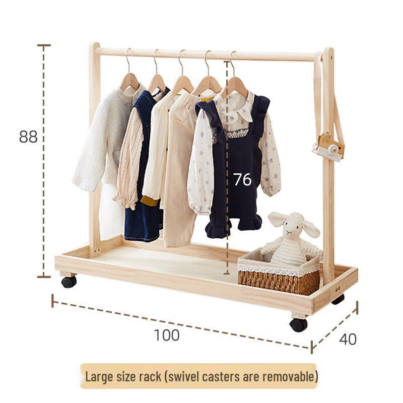 Pine Wood Kids Floor Coat Rack with Wheels
