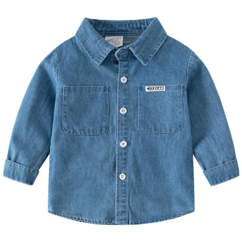 2024 Jungen Langarm Denimhemd - Lässig einfarbig mit Eckkragen