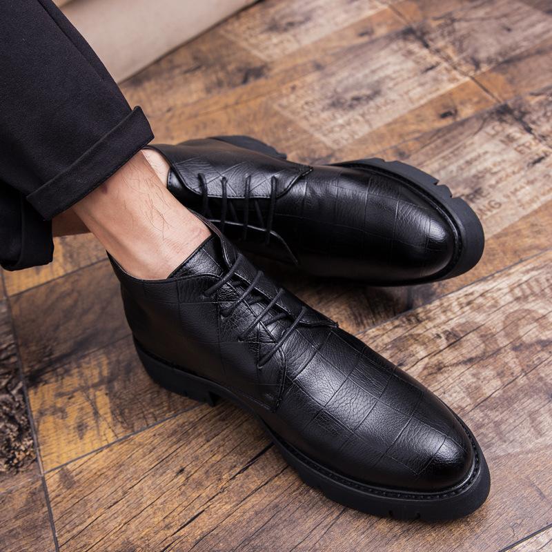 Autumn and winter high-top lace-up black leather boots British style platform dress leather shoes Korean version men's pointed Martin boots