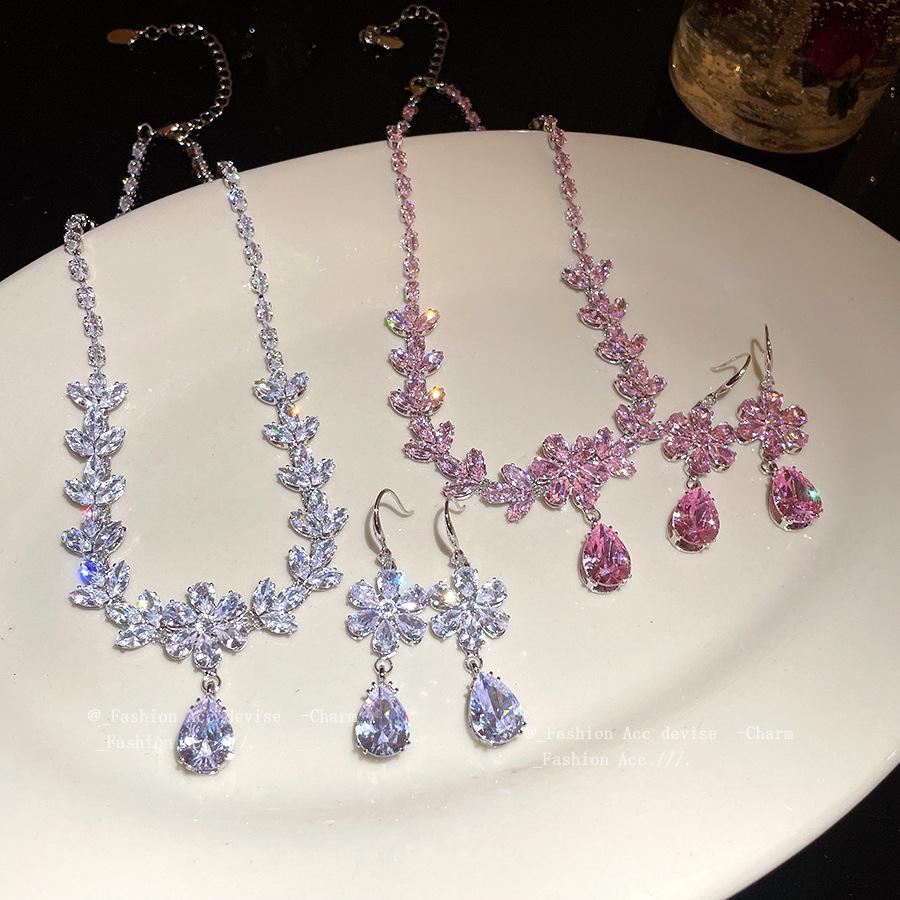 European and American Zircon Diamond-encrusted Flower Water Drop Pendant Ear Hook Sweet Exquisite Simple Necklace Light Luxury High-end Suit Women