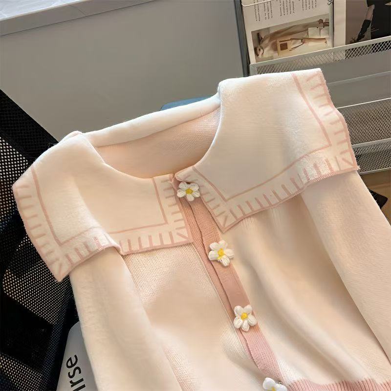 Flower Women's Sweater Navy collar solid color knitted sweaters Long sleeved autumn women Korean casual Loose top