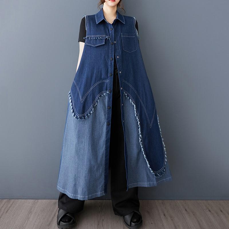 Rochie cămașă denim vintage patchwork fără mâneci plus size nouă în rochii pentru femei casual largă lungă de primăvară vară toamnă
