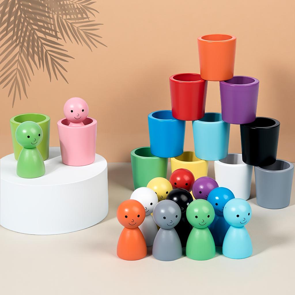 A 24pcs Wooden Sorting Cup Set in a Colorful Box, Featuring Cute Wooden Figurines for Educational Play. Enhances Observation and Hands-on Skills