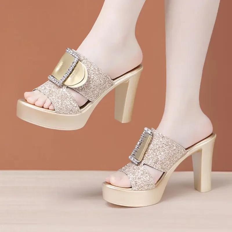 

10cm Small Size 32-43 Elegant Bling Silver Gold Wedding Shoes Women Slides 2025 Genuine Leather Slippers Block High Heels Model 32 золотий