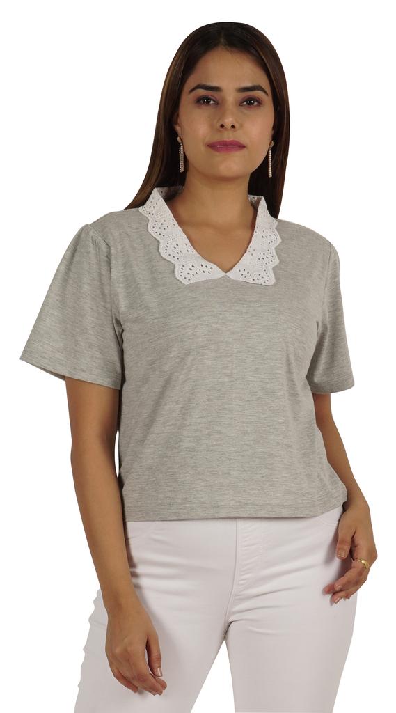 Moomaya Dámský top s krajkovým límečkem Petra Pana, hladký žerzejový krátký ležérní T-shirt