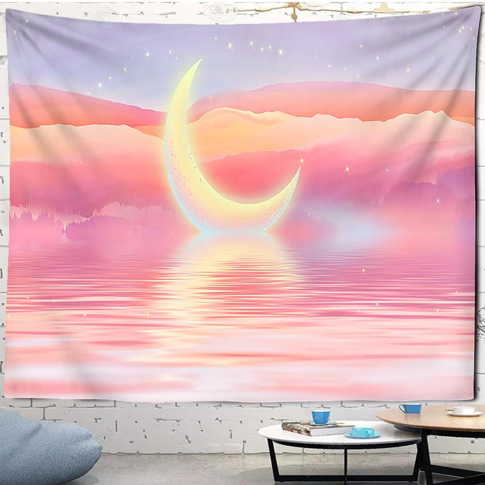 Pink Moon Starry Tapestry Universe Wall Hanging Room Dorm Tapestries Cartoon Art Home Psychedelic Kawaii Bedroom Decor Tapestry