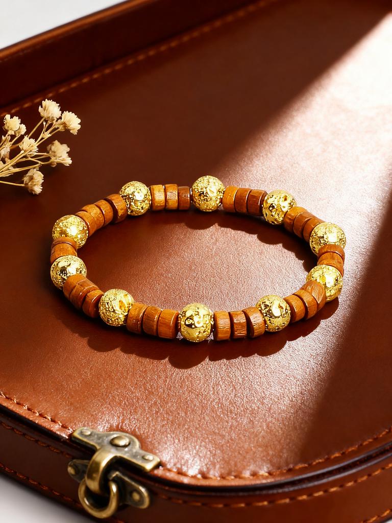 Retro Style Gold color Volcanic Lava Stone Beaded Bracelet Brown Wood Beads Energy Reiki Charm Grounding Protection Jewelry Gift