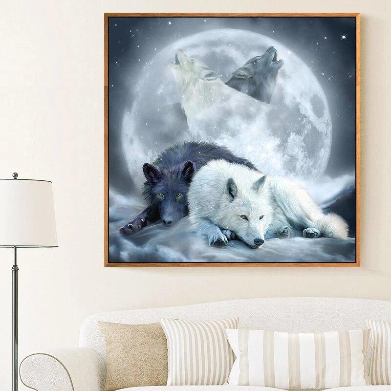 Full rund bor 5D DIY diamantmaleri "Yin Yang Wolf & Full Moon" broderi korssting mosaikk rhinestone dekorasjon
