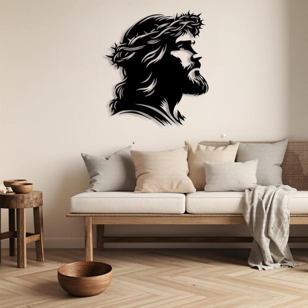 Silhouette Métallique Jésus Art Mural Décoration Chrétienne Religieuse avec Couronne d'Épines Croix Minimaliste Suspendue pour Salon Chambre à Coucher