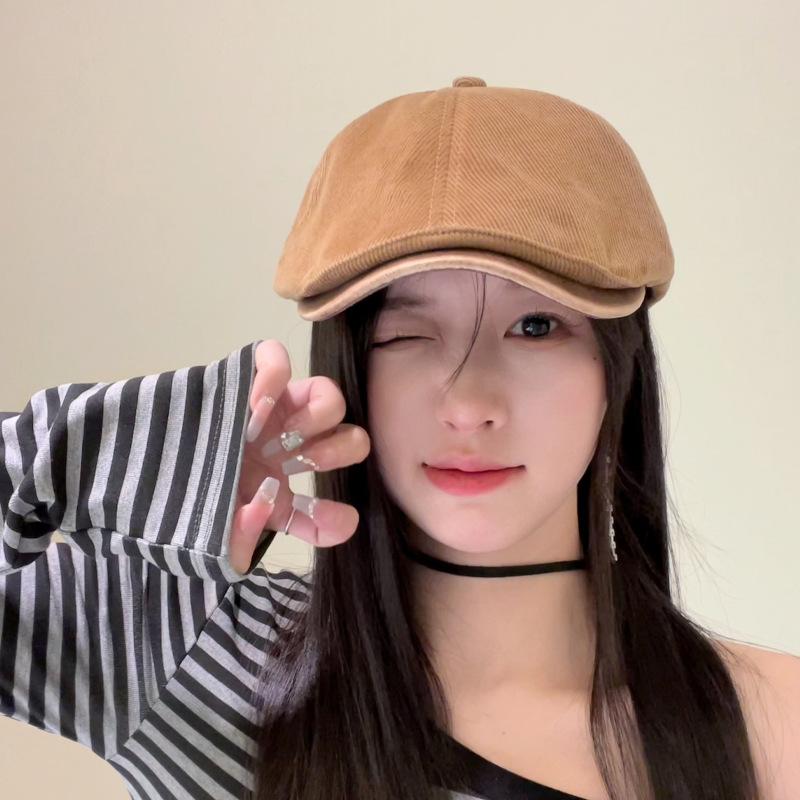 Retro Corduroy Painter Hat Spring and Autumn Versatile Fashion Show Small Face Forward Hat Advanced Sense Beret