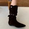 Sheepskin~ Genuine leather retro niche design stacked short boots for women, V-buckle with pointed western cowboy boots