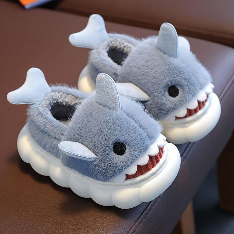 1 Pair Youngsters' Shark Plush Slippers - Soft Fleece-Lined Slip-On Indoor/Outdoor House Shoes with Cartoon Shark Design, Non-Slip PVC Sole
