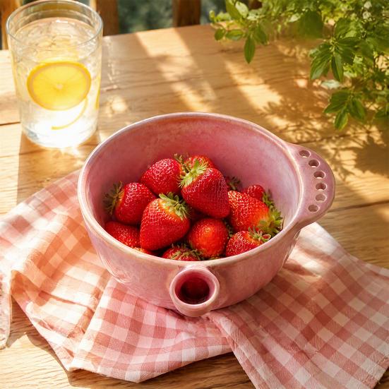 Handheld Citrus Squeezer Ceramic Berry Washing Bowl with Detachable Juicing Cone & Drain Rack, Self Rinsing Fruit Multi-functional Kitchen Gadget