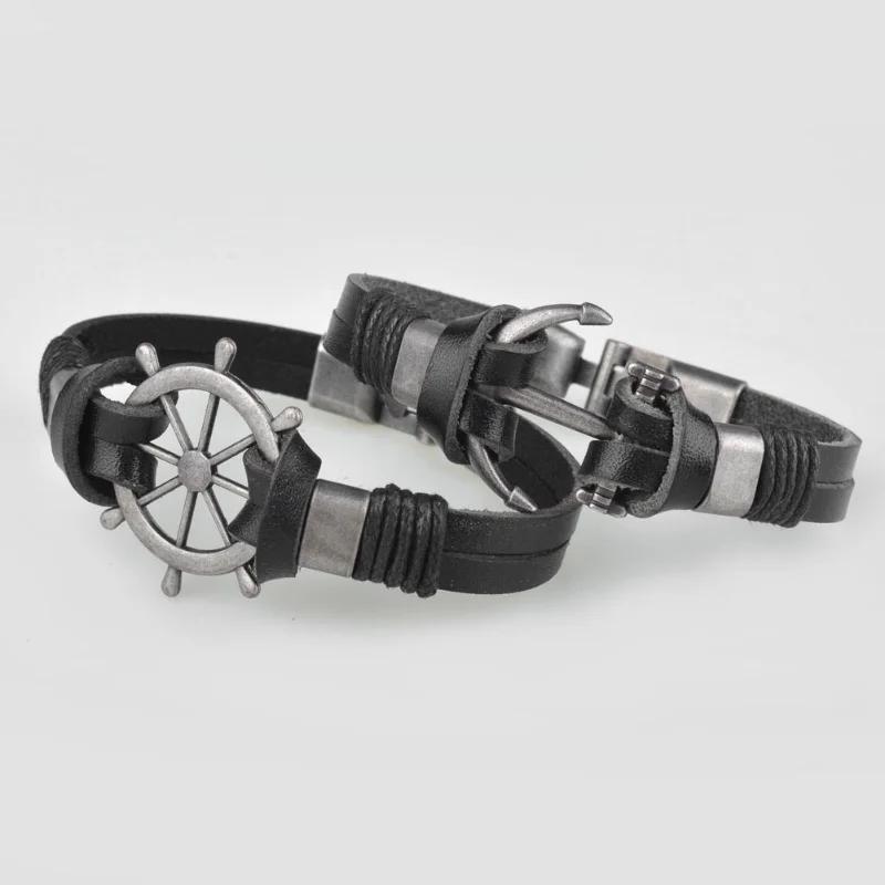 Retro Punk Leather Bracelet for Men Anchor Rudder Naval Jewelry Multi Layer Fashion Gift