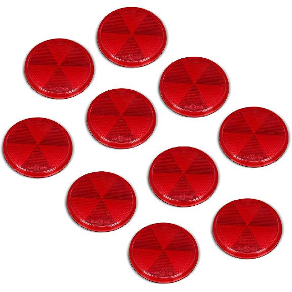 10 Pack Red Self Adhesive Round Reflectors, Road Safety Stick-On Rear Reflectors For Trailer Caravan Truck Lorry Or Agricultural Machines