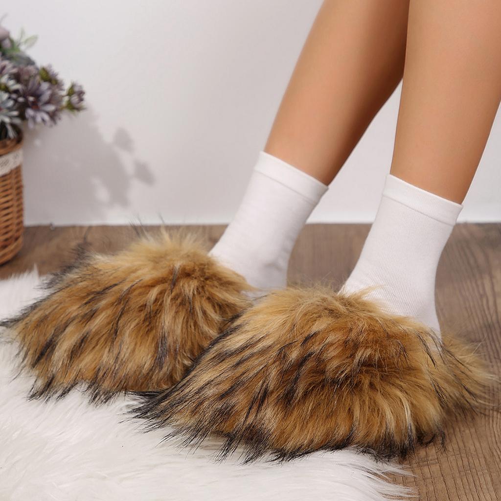 Fashion Fashion Warm Slippers Luxury Slippers Women Open Toe Raccoon Fur Slides Woman Shoes Women Flat Half Slippers Comfortable Shoes