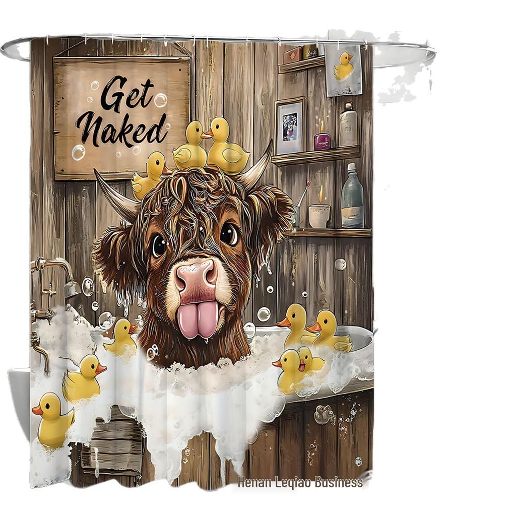 Cute Highland Cow Bathroom Set: Shower Curtain, Bath Mat, Toilet Lid Cover, 12 Hooks