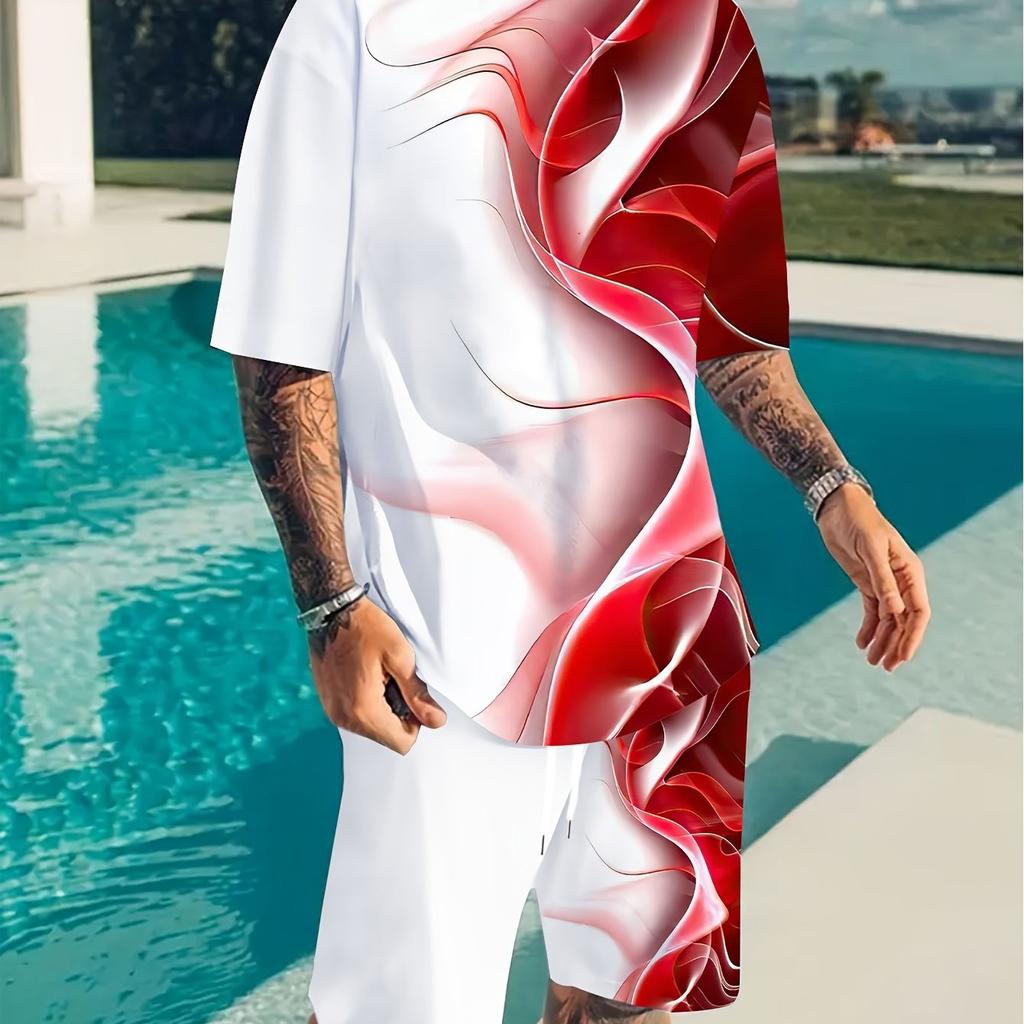 Plus Size Men's Contrast Color Stripes Pattern Graphic Print T-shirt & Shorts Co Ord Set For Summer, Trendy Casual 2Pcs Outfits