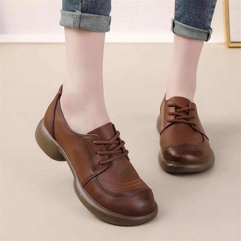 Fashion Cowhide Women Shoes Fashion Mid Heel Thick Soled Genuine Leather Retro Loafers Spring Autumn Flat Women Singles Shoes Mom Shoes