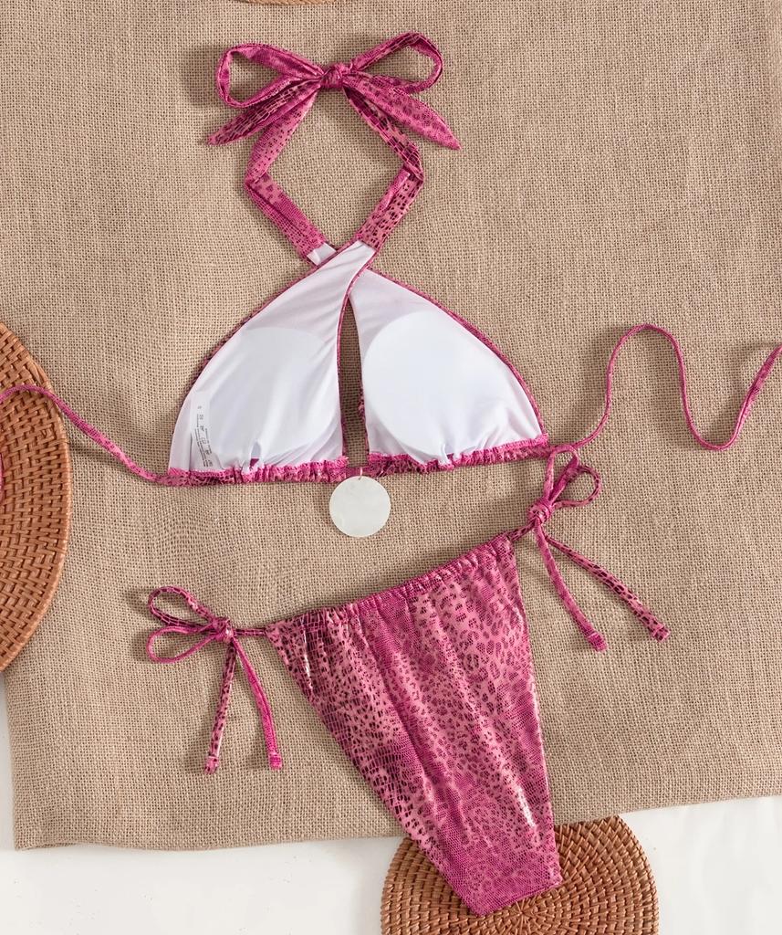Women's Swimwear Sexy Leopard Print Halter Neck Crossover Low Waist Side Tie Bikini Set Bathing Suits