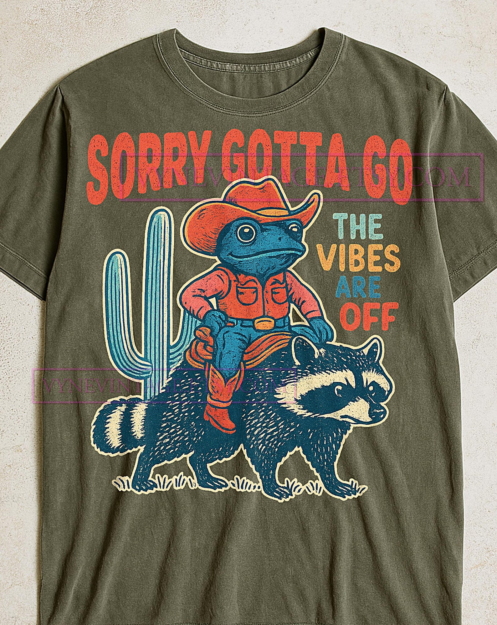 Sorry Gotta Go The Vibes Are Off T-Shirt, Frog Cowboy Raccoon Rider Graphic Tee, Desert Cactus Retro Cartoon, Raccoon T-shirt, Sweater XL