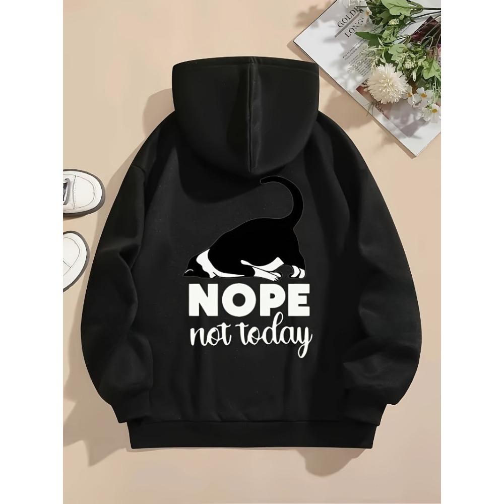 No Not Today Printed Hoodie Cat Pullover Loose Pocket Top Warm Wool Sweatshirt Winter Casual
