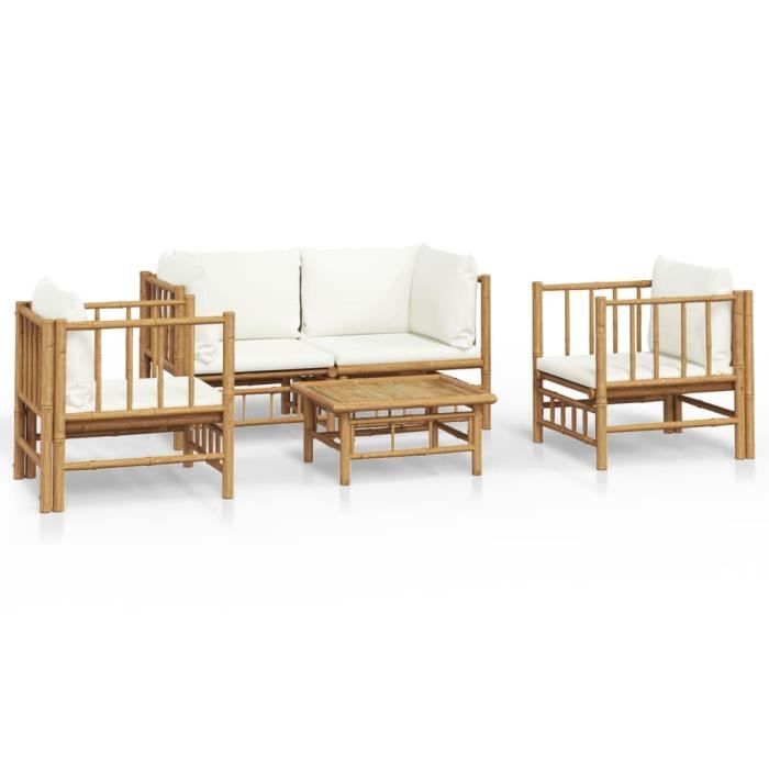 VidaXL Garden Lounge Set 5 Pcs with Cream White Cushions Bamboo 3155185