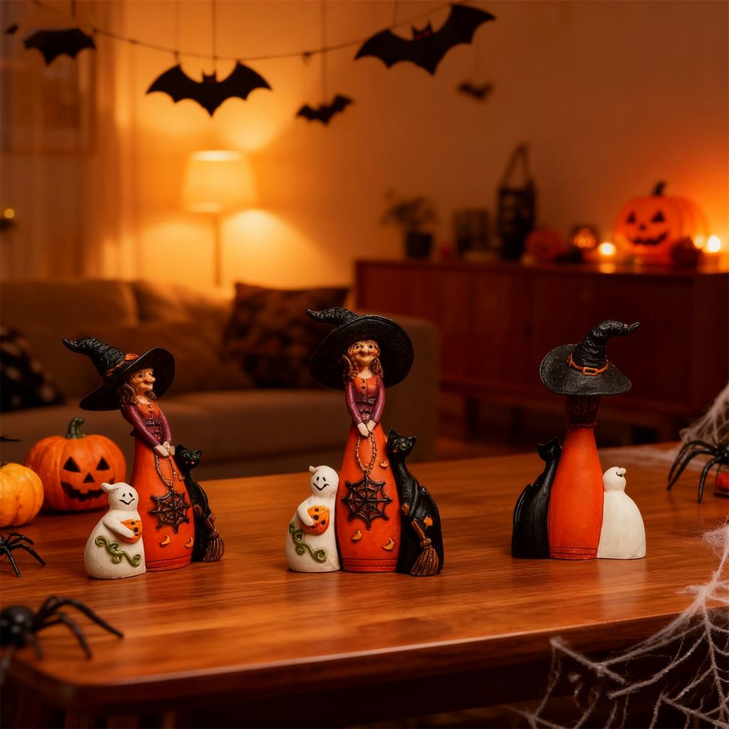 Creative Crafts Halloween Three Musketeers Witch  Cat Decoration Resin Statue Decoration Ornament Ornament