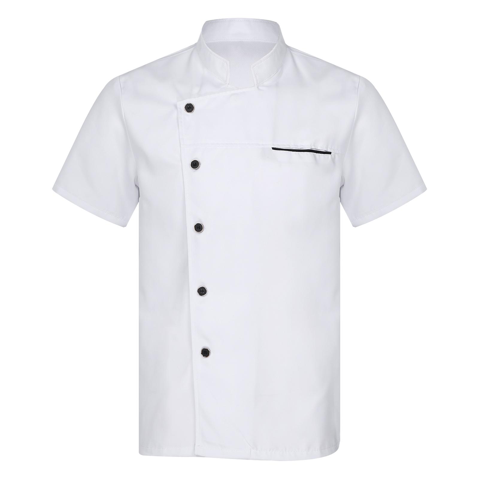 

Унісекс Куртка шеф-кухаря з коротким рукавом, зі стійкою, на ґудзиках, уніформа для кухонного персоналу, команд пекарів, ресторанних бригад M білий