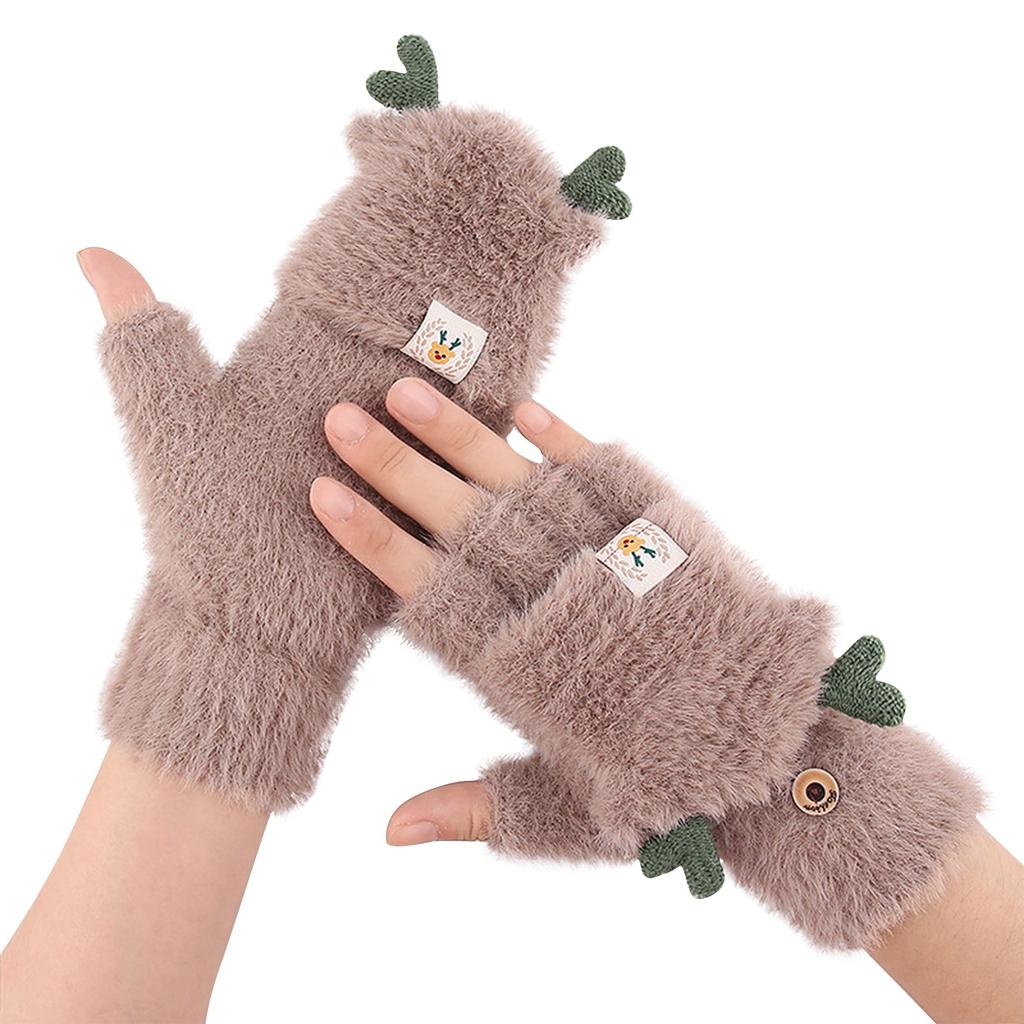 Winter Women Adult Plus Velvet Thickening Cute Cartoon Point Finger Gloves