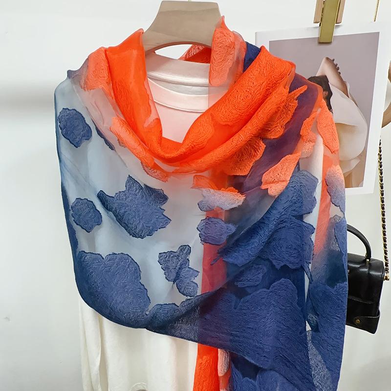 Shawl Scarf Advanced New Gradual Change Flower Long Silk Scarf Yarn Versatile Sunscreen Shawl