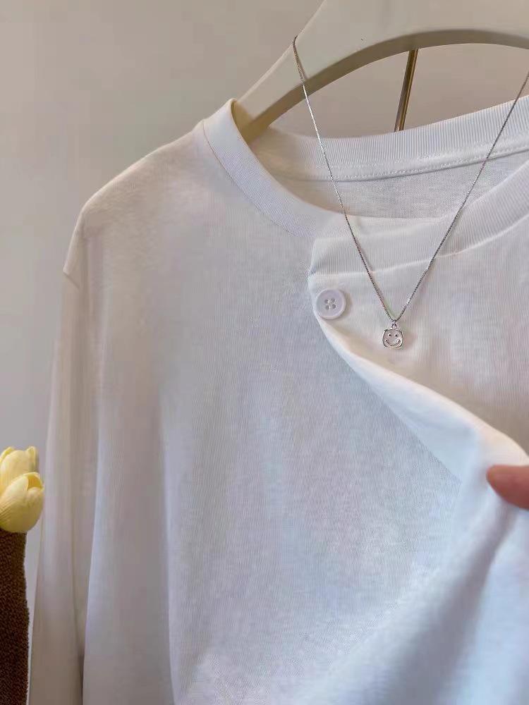 Cross-Season Pure Cotton Korean Double Gauze Long Sleeve T-Shirt for Women - Early Autumn Button Design