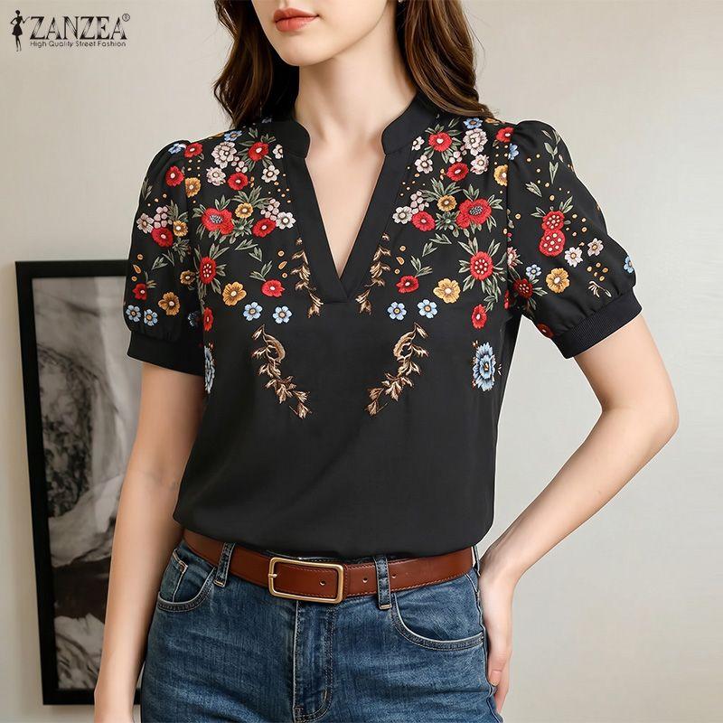 ZANZEA Women Casual V-neck Floral Print Short Sleeve Blouse
