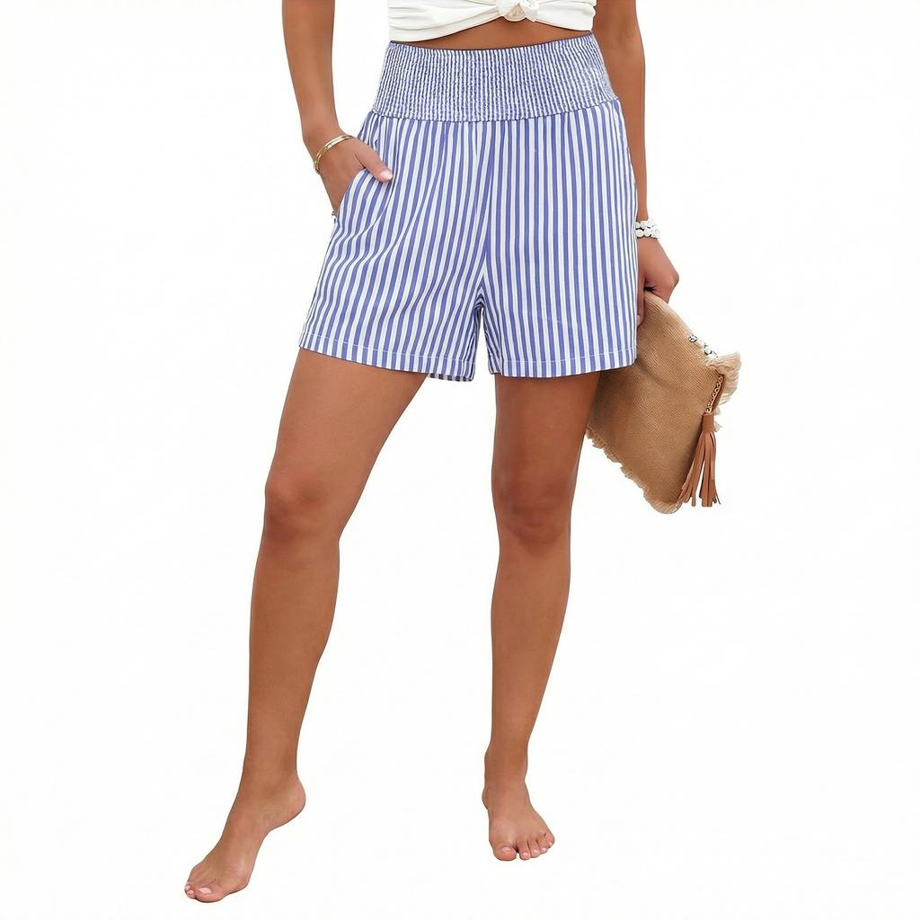 Women's Fashion Loose Pleated Elastic Waistband Pocket Striped Casual Shorts