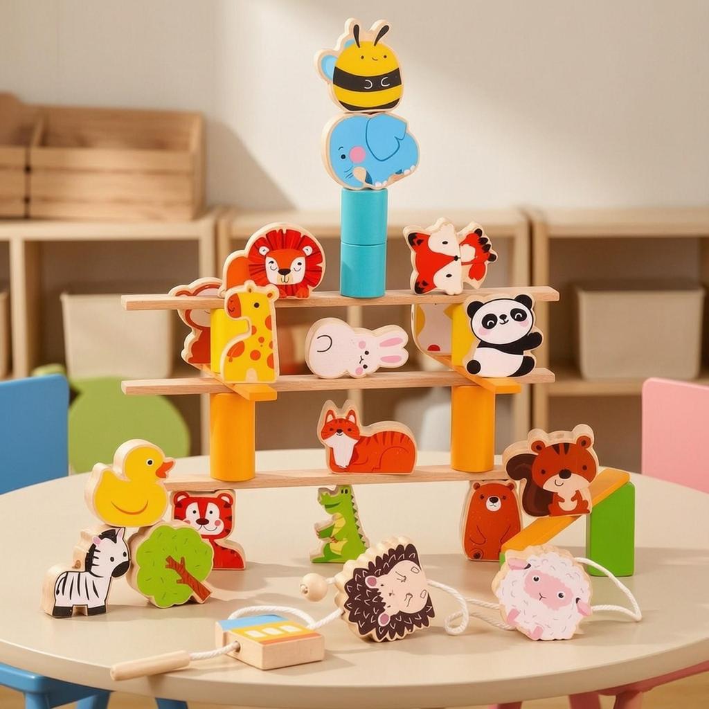 Wooden Animal Bead Threading Toy Preschool Lacing Beads Set Screen-Free