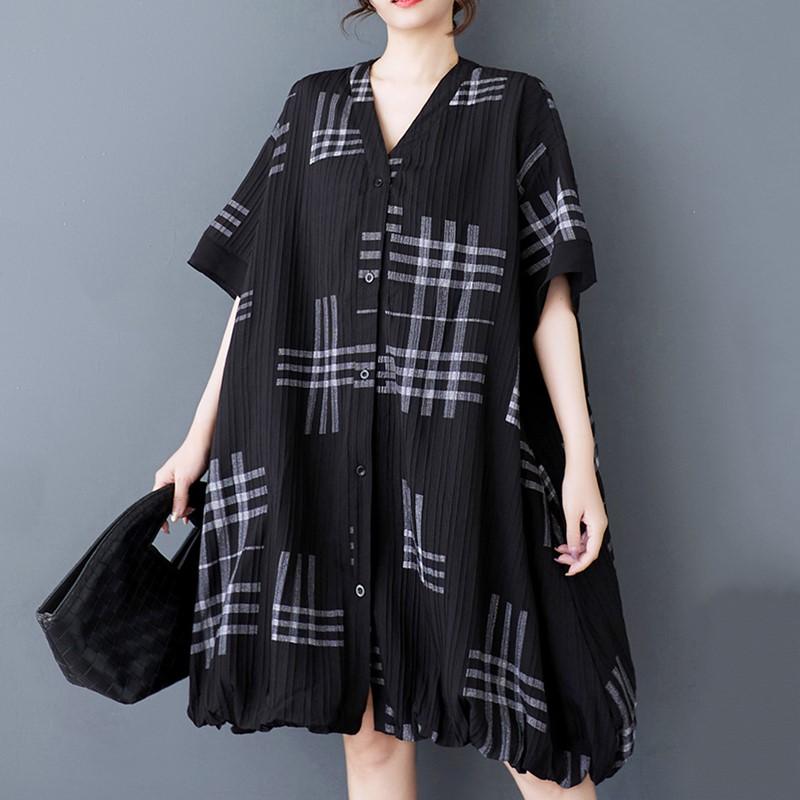Short Sleeve Plus Size Black Vintage Plaid New In Dresses for Women Casual Loose Midi Summer Shirt Dress