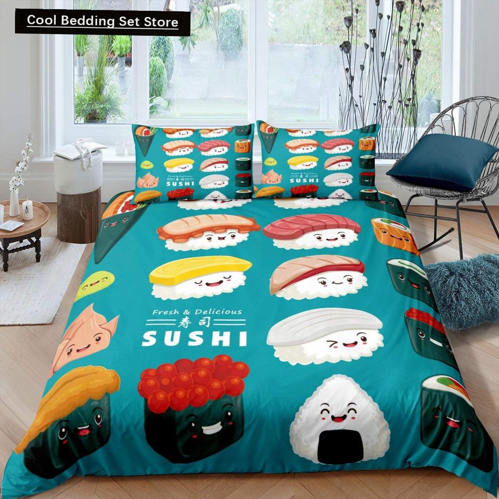 Japan Sushi Königin König Bettbezug Meeresleben Bettwäscheset Cartoon Japanisches Essen Bettdeckenbezug Bunt Polyester Bettdeckenbezug