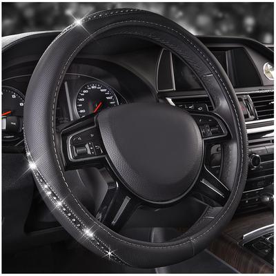 CAR PASS Hübsches Strass-Leder-Lenkrad, universell passend für Design-Abdeckung, Auto, SUV, Limousine, LKW, rutschfest (Silber)