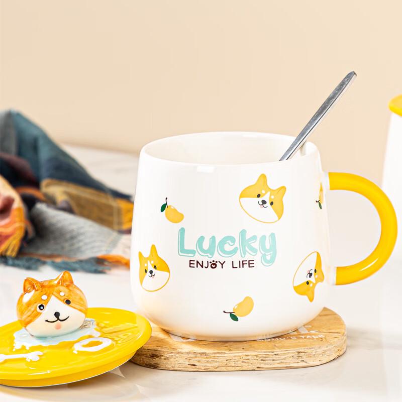 Cute Cartoon Ceramic Water Cup with Lid and Spoon