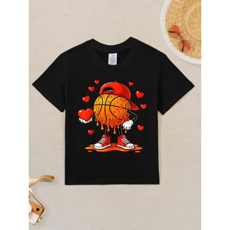 European Sizes Soft Breathable Valentine Basketball Heart Drip Sport Valentines Day T-Shirt for Kids | Boys & Girls Graphic Tee - Round Neck