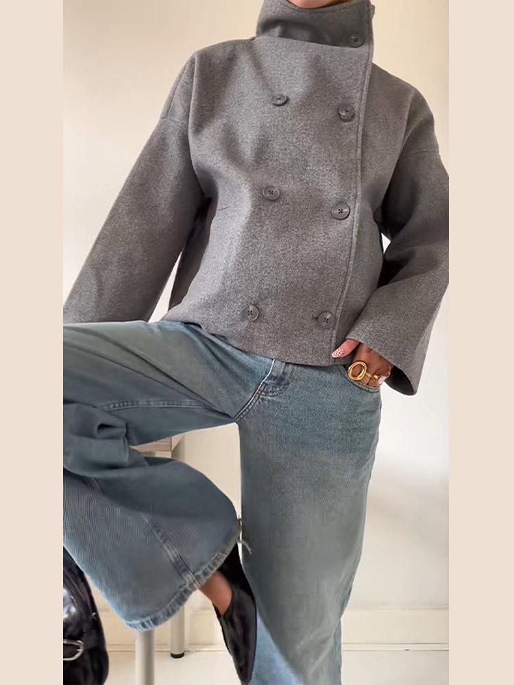 2025 Solid Color Double-Breasted Stand-Up Collar Short Coat - Long-Sleeved, Autumn/Winter
