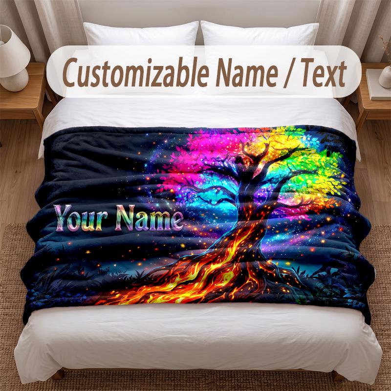 Pătură moale cu tematica Arborele Vieții Personalizată cu Numele Clientului Text Imprimat Pătură Caldă Decor pentru Casă Canapea Dormitor