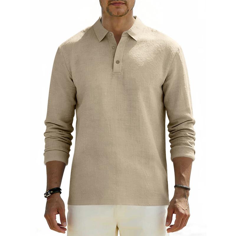 Mens Beige Linen Blend Long Sleeve Casual Polo Shirt S хаки