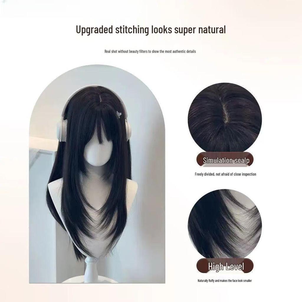 Women's Black Long Straight Wig with High Layer Bangs – Natural Daily Comic Style