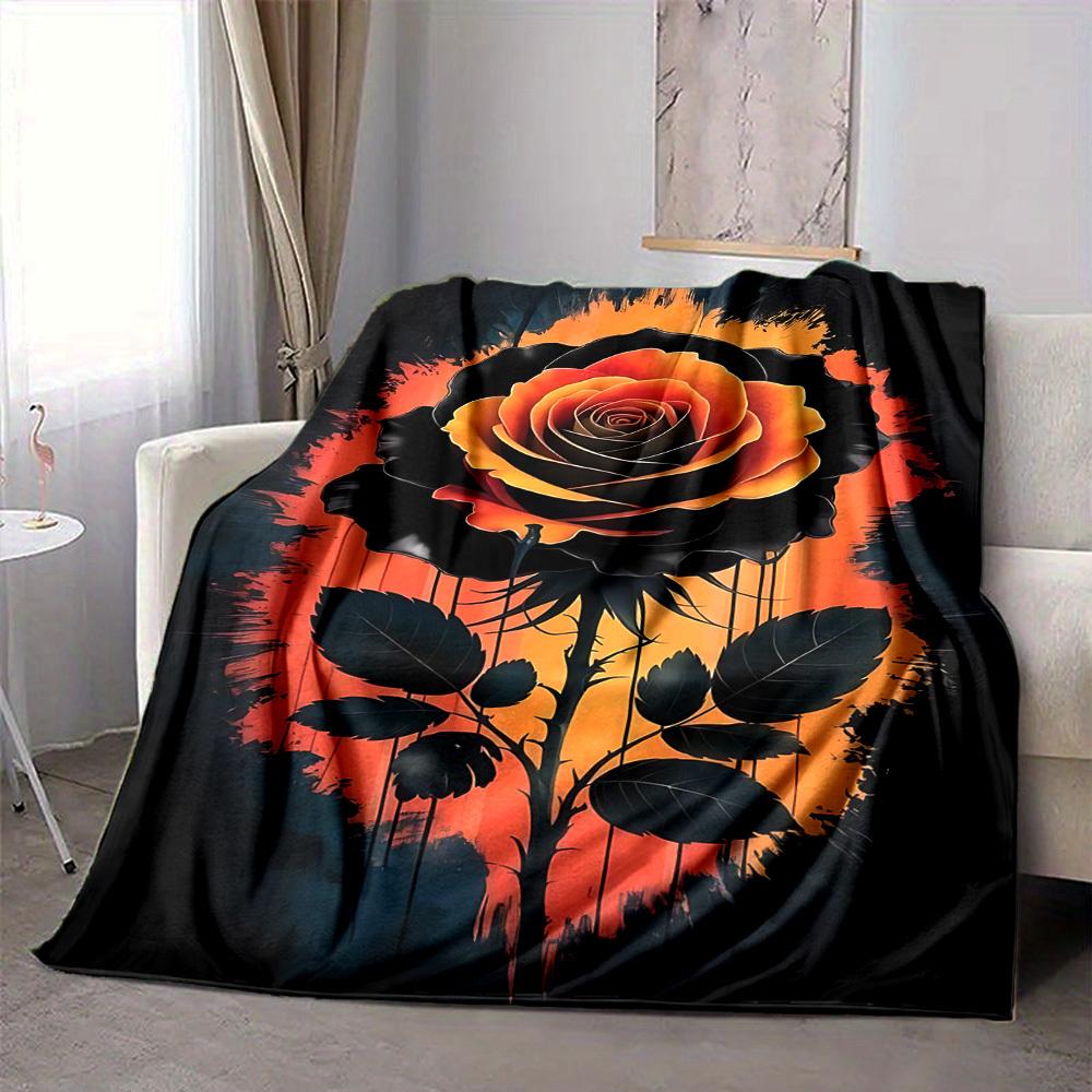 1pc Black Rose Print Blanket   Lightweight Flannel Throw Blanket For Sofa, Bed, Living Room, Office, Outdoor Travel, Camping