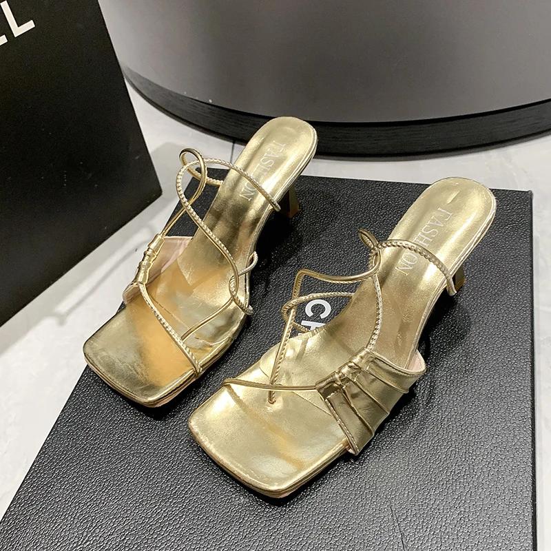 Gold Narrow Band Women Slipper Female Square Pinch Toe Low Heel Slides Sandal Flip Flops Mujer Shoes