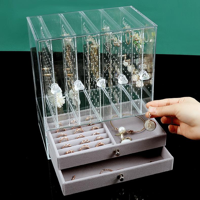 Pudełko do przechowywania kolczyków z kolczykami o dużej pojemności, klipsy do uszu, układ naszyjników, przezroczysty, pyłoszczelny, flanelowy stojak do przechowywania pudełek na biżuterię